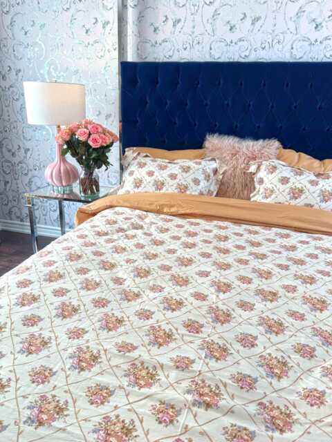 Floral Faux Silk Bedding Set - Oeko-Tex Cotton, Wrinkle-Free, Cotton Queen, Vintage Botanical Bed Set, Soft Romantic - image 1
