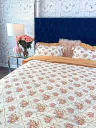 Floral Faux Silk Bedding Set - Oeko-Tex Cotton, Wrinkle-Free, Cotton Queen, Vintage Botanical Bed Set, Soft Romantic - thumbnail 1