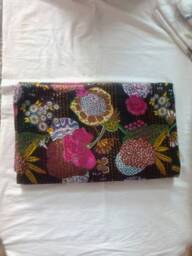 Black Kantha, Beautiful Fruit & Plant Print Bedcover, Indian Handmade Floral Kantha Quilt, Kantha Throw, Perfect Bedding Blanket, Coverlet - thumbnail 1