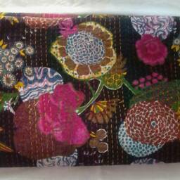Black Kantha, Beautiful Fruit & Plant Print Bedcover, Indian Handmade Floral Kantha Quilt, Kantha Throw, Perfect Bedding Blanket, Coverlet - thumbnail 2
