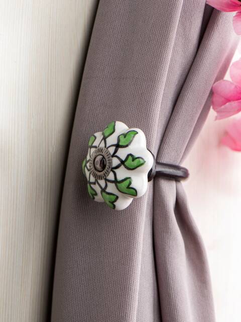 Hand-Painted Ceramic Flower Curtain Tie Back Hook Green & White - image 1