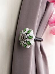 Hand-Painted Ceramic Flower Curtain Tie Back Hook Green & White
