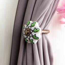Hand-Painted Ceramic Flower Curtain Tie Back Hook Green & White - thumbnail 3