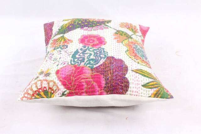Pillowcases Indian Handmade New Floral Print Kantha Cushion Cover Size 16x16 - image 1