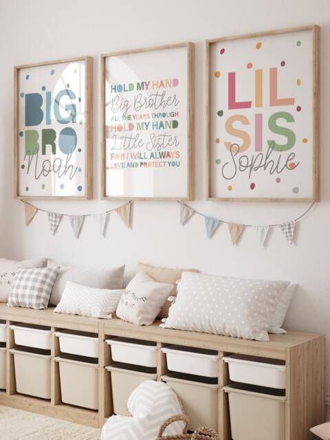 Set Of 3 Playroom Prints, Personalised Brother & Sister Rainbow Sibling Wall Art, Boys Bedroom Decor, Girls Decor - image 1
