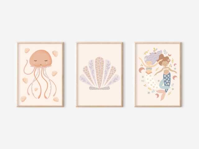 Ocean Mermaid & Shell Themed Prints For A Nursery, Little Girls Room Or Playroom - Unframed - image 1