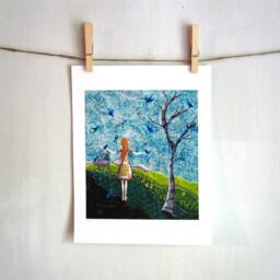 Baby Shower Gift, Nursery Decor, Gathering Songbirds, Gift For Her, Birdcage, Blue Bird, Shellieartist, 8.5 X 11 Archival Reproduction Print - thumbnail 2