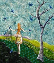 Baby Shower Gift, Nursery Decor, Gathering Songbirds, Gift For Her, Birdcage, Blue Bird, Shellieartist, 8.5 X 11 Archival Reproduction Print - thumbnail 1