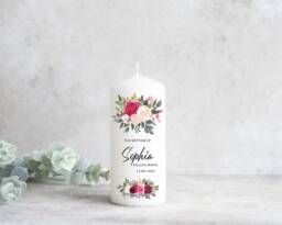 Personalised Christening Baptism Candle Naming Day Memory Keepsake Gift Unisex Boy Girl, Floral Roses, New Baby Gift, Godparents, Present - thumbnail 1