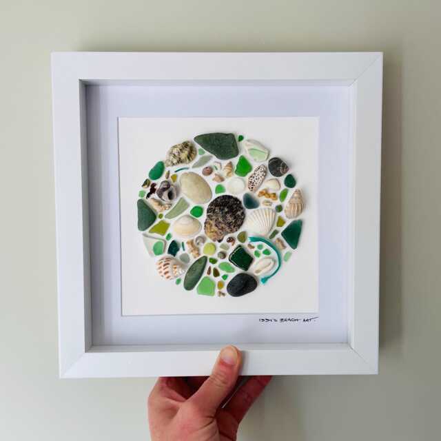 Green Sea Glass & Shell Wall Art - Framed Coastal Picture Handmade in Cornwall - image 1