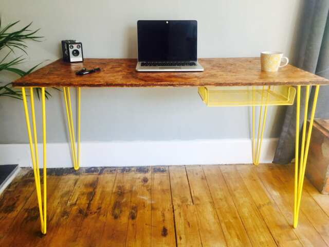 Osb Industrial Desk With Yellow Steel Hairpin Legs & Mesh Pigeon Hole - image 1