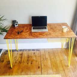 Osb Industrial Desk With Yellow Steel Hairpin Legs & Mesh Pigeon Hole - thumbnail 2