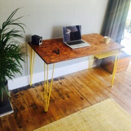 Osb Industrial Desk With Yellow Steel Hairpin Legs & Mesh Pigeon Hole - thumbnail 3