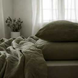 Khaki Linen Sheet Set 1 Flat & Fitted 2 Pillowcases Stonewashed 100% Flax Linen Set - thumbnail 3