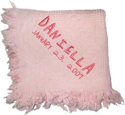 Cotton Baby Afghan Blanket in Pink, Blue Or White With Name & Date Of Birth Embroidery - Custom Embroidered Personalized - thumbnail 1