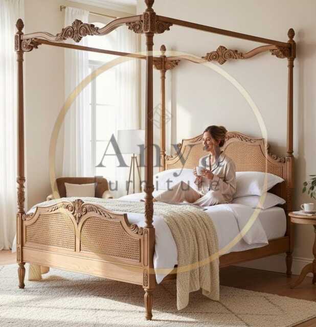 4 Poster Cane Queen Bed - Solid Wood Canopy Rattan Frame Luxury Hand Carved Antique French Bedroom Furniture Custom Finish Usa