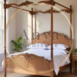 4 Poster Cane Queen Bed - Solid Wood Canopy Rattan Frame Luxury Hand Carved Antique French Bedroom Furniture Custom Finish Usa - thumbnail 2