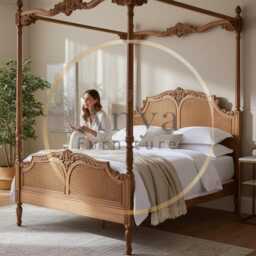 4 Poster Cane Queen Bed - Solid Wood Canopy Rattan Frame Luxury Hand Carved Antique French Bedroom Furniture Custom Finish Usa - thumbnail 3