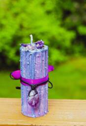 Homemade Lavender & Crystal Infused Pillar Candle - Vegan Organic All Natural - thumbnail 1