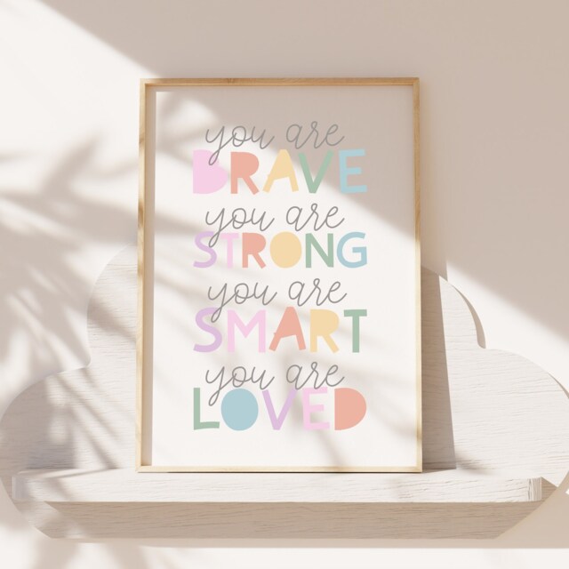 Girls Affirmation Print, Rainbow Wall Art, Bedroom Prints, Nursery Pastel, Brave, Strong, Smart, Loved, Motivational Prints - image 1