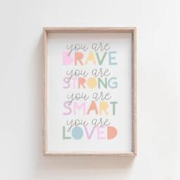 Girls Affirmation Print, Rainbow Wall Art, Bedroom Prints, Nursery Pastel, Brave, Strong, Smart, Loved, Motivational Prints - thumbnail 2