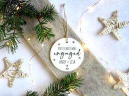 First Christmas Engaged Couple Ornament - Personalised Bauble For Engagement Present Simple Ceramic Tree Keepsake With Names - thumbnail 1