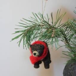 Needle Felted Bear Christmas Ornament Handmade Wool Animal With Red Scarf - thumbnail 3