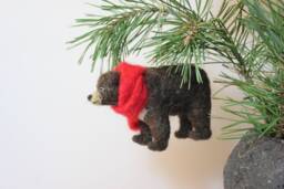 Needle Felted Bear Christmas Ornament Handmade Wool Animal With Red Scarf - thumbnail 1