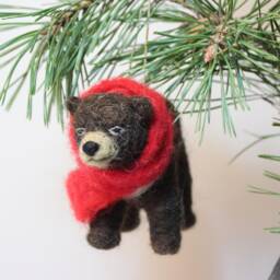 Needle Felted Bear Christmas Ornament Handmade Wool Animal With Red Scarf - thumbnail 2