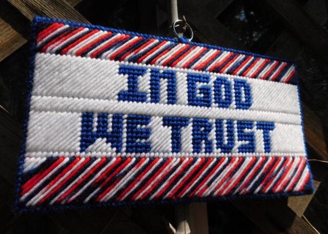 In God We Trust Needlepoint Sign Wall Hanging - Blue Letters On White With Red/Wh/Blue Or Hunter Green To Usa - image 1