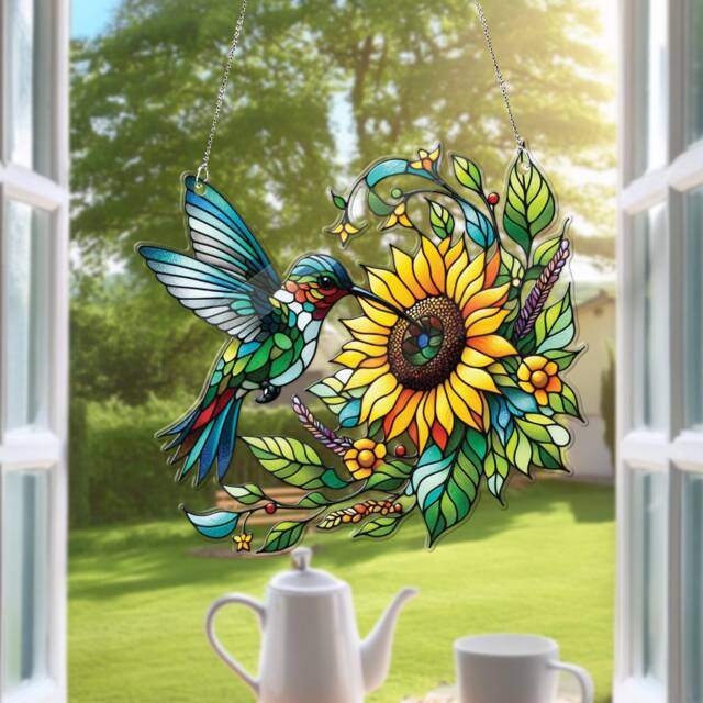Hummingbird & Sunflower Acrylic Window Hanging Bird Lover Gift - image 1