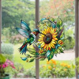 Hummingbird & Sunflower Acrylic Window Hanging Bird Lover Gift - thumbnail 2