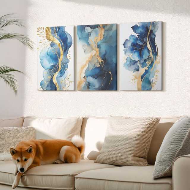 Canvas Set Of 3 Wall Art - Blue Patterns With Delicate Accents, Large, Abstract Hanging Piece - image 1
