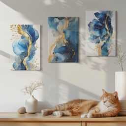Canvas Set Of 3 Wall Art - Blue Patterns With Delicate Accents, Large, Abstract Hanging Piece - thumbnail 3