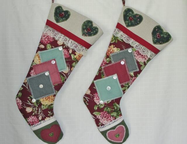 Handmade Quilted Christmas Stockings Burlap, Patchwork, Floral Print - Set Of 2 - image 1