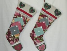 Handmade Quilted Christmas Stockings Burlap, Patchwork, Floral Print - Set Of 2 - thumbnail 1