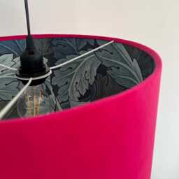 Cerise Velvet Drum Lampshade, Double Sided Lampshade With Acanthus Blue Leaves Paper Interior, William Morris