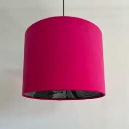 Cerise Velvet Drum Lampshade, Double Sided Lampshade With Acanthus Blue Leaves Paper Interior, William Morris - thumbnail 2