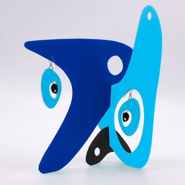 Modernist Blue Acrylic Earrings With Art Stabile Sculpture - image 1