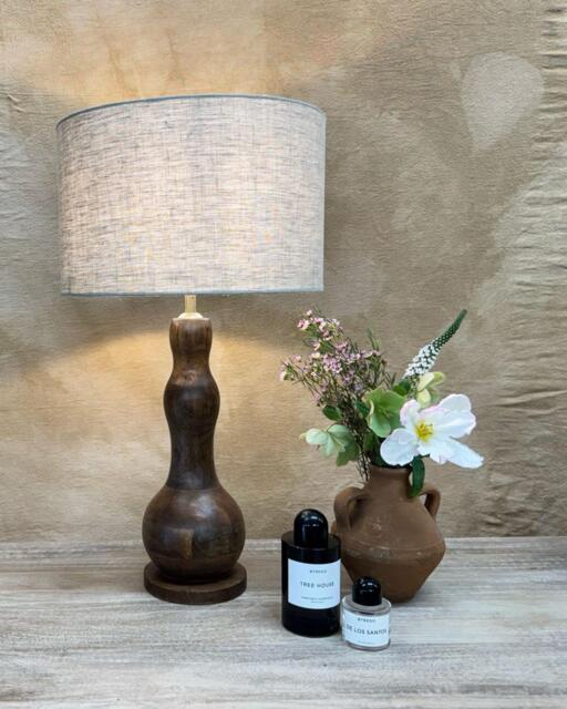 Mango Wood Table Lamp - Curved Form With Linen Shade - image 1