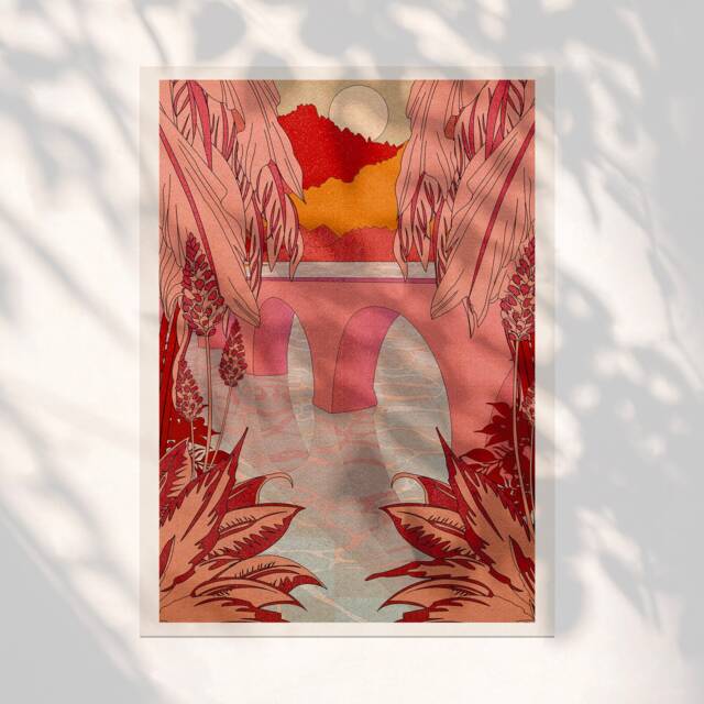 Pink Palm Bridge Art Print Retro Bohemian Nature Illustration - image 1