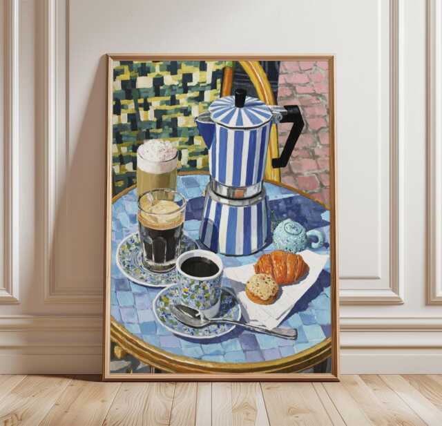 Cafe Coffee Wall Art Poster - Espresso Moka Pot Still Life European Bistro Kitchen Decor - image 1