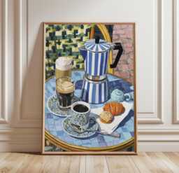 Cafe Coffee Wall Art Poster - Espresso Moka Pot Still Life European Bistro Kitchen Decor - thumbnail 1