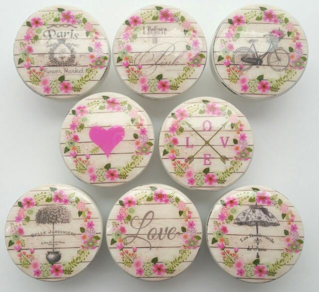 Drawer Knobs France Shabby Chic Cottage French Pink Wreath Flowers Reclaimed Wood Provincial Farmhouse White Refinished Dresser - image 1