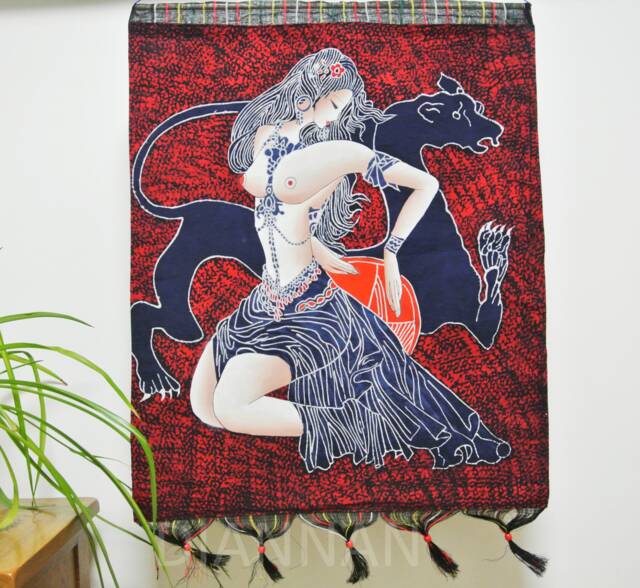 Vintage , Batik Painting Tapestry, The Beauty & Beast, Good Luck For Artist, Indigo Wall Hanging - image 1
