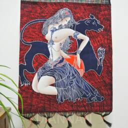 Vintage , Batik Painting Tapestry, The Beauty & Beast, Good Luck For Artist, Indigo Wall Hanging - thumbnail 2