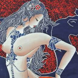 Vintage , Batik Painting Tapestry, The Beauty & Beast, Good Luck For Artist, Indigo Wall Hanging - thumbnail 3