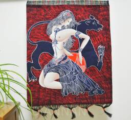Vintage , Batik Painting Tapestry, The Beauty & Beast, Good Luck For Artist, Indigo Wall Hanging - thumbnail 1