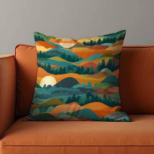 Colorful Mountain Sunset Cushion Cover, Abstract Landscape Pillow Case, Vibrant Forest Hills Throw Eclectic Home Decor - image 1