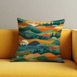 Colorful Mountain Sunset Cushion Cover, Abstract Landscape Pillow Case, Vibrant Forest Hills Throw Eclectic Home Decor - thumbnail 3